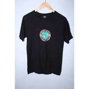 Stussy Men's Small Black Short Sleeve Graphic Print Globe T-Shirt
